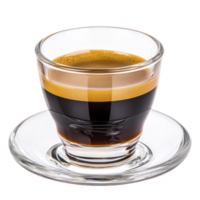 Clear glass cup filled with rich, dark espresso sits on matching saucer, showcasing creamy, golden crema on top. simplicity and elegance of presentation evoke sense of warmth and sophistication png
