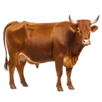 Brown cow with prominent horns stands facing forward, showcasing its strong build and smooth coat. cow expression is calm and serene, highlighting its gentle nature png