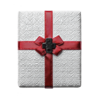 Beautifully wrapped gift box with geometric pattern and vibrant red ribbon, perfect for special occasions. elegant design adds touch of sophistication and excitement png