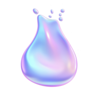 Shiny, iridescent liquid droplet with smooth, glossy surface and small droplets above it, resembling futuristic or digital design. colors blend in gradient of blue, pink, and purple hues png