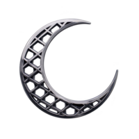 Silver crescent moon with lattice pattern creates mystical and elegant design, perfect for celestial themed decor or jewelry png