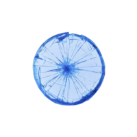 Shattered blue glass circle with intricate cracks radiating from center, creating striking pattern. broken glass is isolated on transparency background, emphasizing its texture and color png