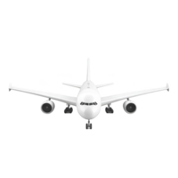Front view of white commercial airplane isolated on transparency background, showcasing its sleek design and powerful engines. image emphasizes aircraft symmetry and modern engineering png