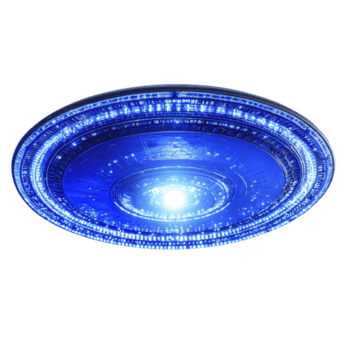 raggiante blu ufo con intricato modelli e luminosa luci crea misterioso e futuristico atmosfera. circolare design e vivace illuminazione suggerire Avanzate tecnologia png
