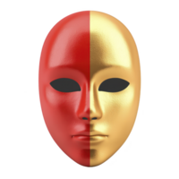 Red and gold mask with smooth, glossy surface is split down middle, creating striking contrast. mask features simple, stylized facial features and evokes sense of mystery png