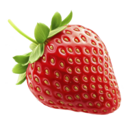 Vibrant, glossy red strawberry with green leaves, isolated on transparency background, showcasing its fresh and juicy texture. Perfect for food and health related themes png