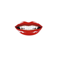 Pair of glossy red lips with bright, shiny finish, slightly parted to reveal white teeth, set against plain background. image conveys sense of boldness and glamour png