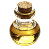 Small glass bottle filled with golden liquid and sealed with cork stopper, perfect for storing essential oils or perfumes. clear glass showcases vibrant color of liquid inside png