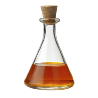 Glass flask with cork stopper contains amber liquid, possibly oil or vinegar, showcasing simple and elegant design. transparent glass highlights rich color of liquid inside png