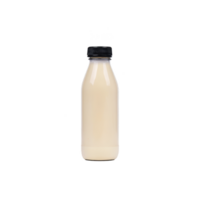 Small glass bottle with black cap contains creamy beige liquid, possibly beverage or sauce, isolated on transparency background png