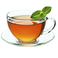 Clear glass cup filled with amber colored tea is garnished with fresh mint leaves, creating refreshing and inviting appearance. cup sits on matching glass saucer png
