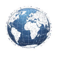 Digital illustration of blue globe with interconnected lines and nodes, representing global communication and connectivity. continents are visible, emphasizing networked world png