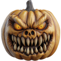 Menacing carved pumpkin with sharp teeth and glowing eyes creates spooky Halloween atmosphere. detailed texture and fierce expression add to its eerie charm png