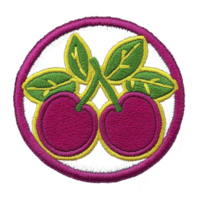 Vibrant embroidered patch features two magenta cherries with green leaves, encircled by magenta border. design is detailed and colorful, perfect for adding playful touch to clothing or accessories png