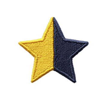 stjärna formad broderad lappa med dela design funktioner ett halv i vibrerande gul och Övrig i djup blå, skapande slående kontrast. textur av broderi lägger till djup och intressera png