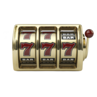 Golden slot machine with three reels displays winning combination of red sevens and bars, symbolizing luck and excitement in gambling png