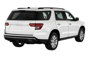 White SUV is shown from rear three quarter view, highlighting its sleek design and spacious build. vehicle features modern taillights and roof rack, emphasizing its utility and style png