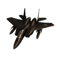 Sleek, black fighter jet with twin engines and sharp wings, showcasing advanced military technology and aerodynamic design, flies against transparency background png