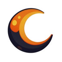 Vibrant orange crescent moon with circular accents on transparency background, symbolizing night and celestial themes. design is modern and abstract, evoking sense of mystery and wonder png