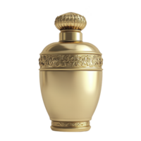 Luxurious gold perfume bottle with intricate floral engravings and ornate cap, exuding elegance and sophistication. design is classic and timeless, perfect for high end fragrance png