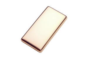 Sleek, modern gold power bank with minimalist design, perfect for on go charging. Its smooth surface and compact form make it elegant accessory for tech enthusiasts png