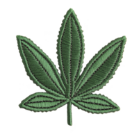 Green embroidered patch in shape of leaf, resembling cannabis leaf, is displayed on plain background. detailed stitching highlights leaf texture png