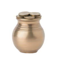Small golden pot filled with stacked coins symbolizes wealth and prosperity. pot smooth, shiny surface reflects light, enhancing its luxurious appearance png