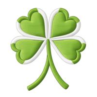 Vibrant green four leaf clover with white outline, symbolizing luck and prosperity. clover is designed with textured, embroidered appearance, set against transparent background png