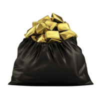 Black bag overflowing with shiny gold bars symbolizes wealth and prosperity. gold bars are stacked haphazardly, creating sense of abundance and luxury png
