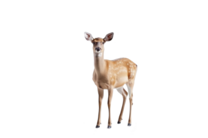 Young deer with spotted coat stands gracefully against transparency background, showcasing its delicate features and alert expression png