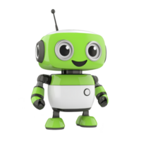 Cute green and white robot with large eyes and antenna stands cheerfully, showcasing friendly and futuristic design png