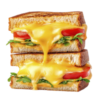 Delicious grilled cheese sandwich with melted cheese, fresh tomatoes, and leafy greens is stacked in two halves, showcasing gooey and appetizing texture png