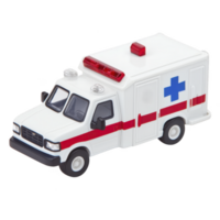 Toy ambulance with red stripe and blue cross is depicted, featuring white body and emergency lights on top. miniature vehicle is designed for play and educational purposes png