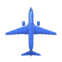 Blue airplane viewed from above, showcasing its wings and engines against transparency background. image highlights aircraft sleek design and aerodynamic structure png