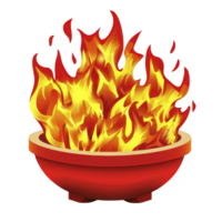 Vibrant illustration of red bowl filled with bright, dynamic flames, symbolizing warmth and energy. fiery display is set against transparent background, enhancing its vividness png