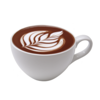 White ceramic cup filled with hot chocolate features intricate latte art on its surface, creating visually appealing design. rich, creamy texture of drink is inviting png