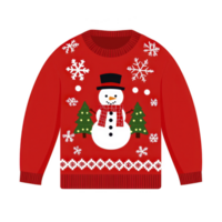 Festive red sweater featuring cheerful snowman with top hat and scarf, surrounded by snowflakes and Christmas trees, perfect for holiday celebrations png