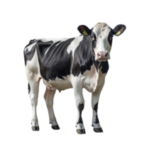 Black and white cow stands facing forward, displaying its distinctive markings and ear tags. cow alert expression and healthy appearance are evident, set against plain background png