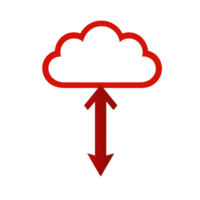 Cloud computing icon with red cloud and arrows symbolizing upload and download, representing data transfer and storage in digital technology png