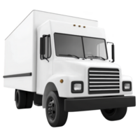 White delivery truck with boxy design is shown, featuring large cargo area and sturdy build. vehicle is designed for transporting goods efficiently png