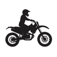 Silhouette of person riding dirt bike, showcasing dynamic posture and rugged design of motorcycle. image captures essence of adventure and thrill png