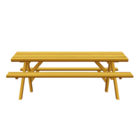 Yellow wooden picnic table with attached benches, designed for outdoor use, stands on transparent background. table is simple and functional, ideal for parks or gardens png