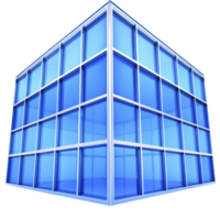 Modern, blue glass cube structure with reflective surfaces and geometric design, showcasing contemporary architecture and sleek lines. cube appears futuristic and innovative png