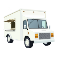 White food truck with open serving window, ready for business. vehicle is designed for mobile food service, featuring compact and functional layout png