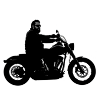 Silhouette of person riding motorcycle, showcasing sense of freedom and adventure. rider is wearing sunglasses, adding cool and mysterious vibe to scene. image captures essence of biker lifestyle png