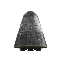 Futuristic space capsule with metallic exterior, featuring numerous panels and hatches, designed for space exploration. capsule sleek design suggests advanced technology and durability png
