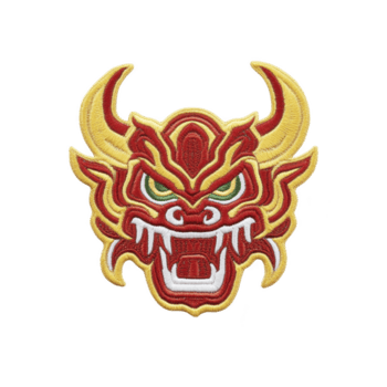 bordado parche caracteristicas feroz continuar cara con rojo y amarillo detalles, exhibiendo intrincado puntadas y negrita colores. diseño es sorprendentes y expresivo, Perfecto para agregando único toque a png