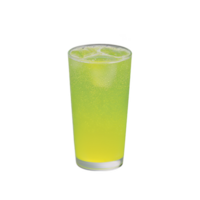 Refreshing glass of bright green soda with ice cubes, showcasing fizzy and vibrant appearance. drink is served in clear glass, highlighting its effervescent texture png