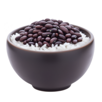 Bowl filled with white rice and topped with shiny black beans, creating simple yet appetizing dish. contrast between white rice and dark beans is visually appealing png