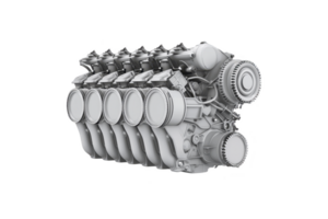 Detailed 3D rendering of V8 engine showcases its intricate mechanical components, including pistons and gears, highlighting engineering precision and automotive design png